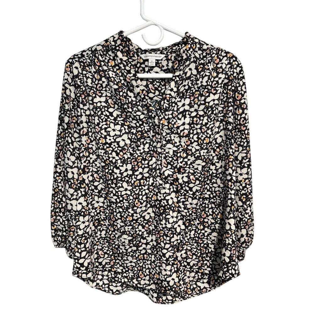 Counterparts Floral Ruffle Neck Blouse Medium Black White Pink 3/4 Sleeve Top